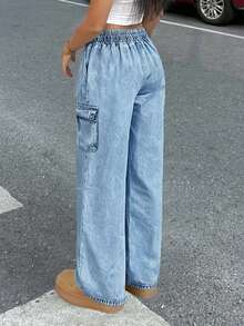 Mid Waist Non Elastic Elastic Elastic Drawstring Waist With Multiple Pockets Work Pants Straight Leg Loose Jeans For Women - 淺色水洗藍 - 查看 2