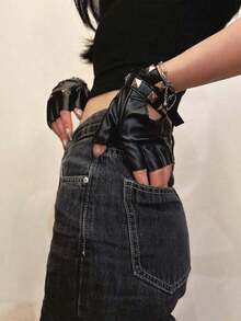 1 Pair Women's Personalized Fashion Holiday Dark Punk Rock Fingerless Gloves With Rivets Leather Inlays For Outdoor Music Festival Party - 黑色 - 查看 3