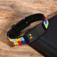 1pc Personalized Laser Engraved Colorful Autism Puzzle Logo Stainless Steel & Silicone Adjustable Bracelet, Autism Awareness Jewelry, Personalized Wrist Bands - Style 3 - View 9