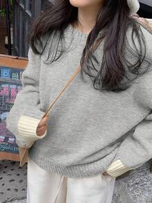女式简约拼布圆领长袖毛衣，纯色，适合居家、日常、上学、户外、秋冬、返校 - 淺灰色 - 查看 6