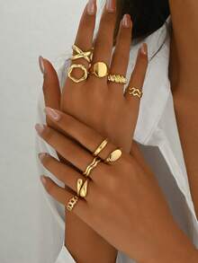 Set de 10 piezas de joyería con estilo europeo y americano, diseño único que incluye anillos geométricos en forma de arco, anillos ajustables y anillos abiertos exagerados, adecuados para que las mujeres los usen en reuniones y fiestas diarias - Juego de anillos - Ver 1