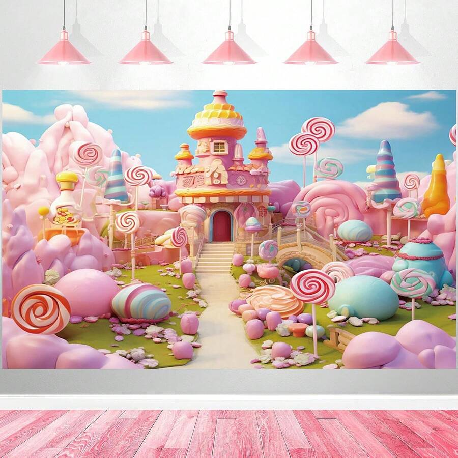 1pc Candyland Backdrop Fantasy Sweet Candy Castle Photography Background Girls Birthday Candyland Theme Party Decorations Banner Photo Studio Props