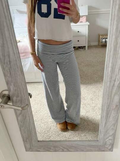 Women Wide Leg Contrast Fold Over Pants Low Rise Yoga Pants Workout Sweatpants Y2K Polka Dot Lounge Pants Casual Long Pants Fall Clothes Streetwear