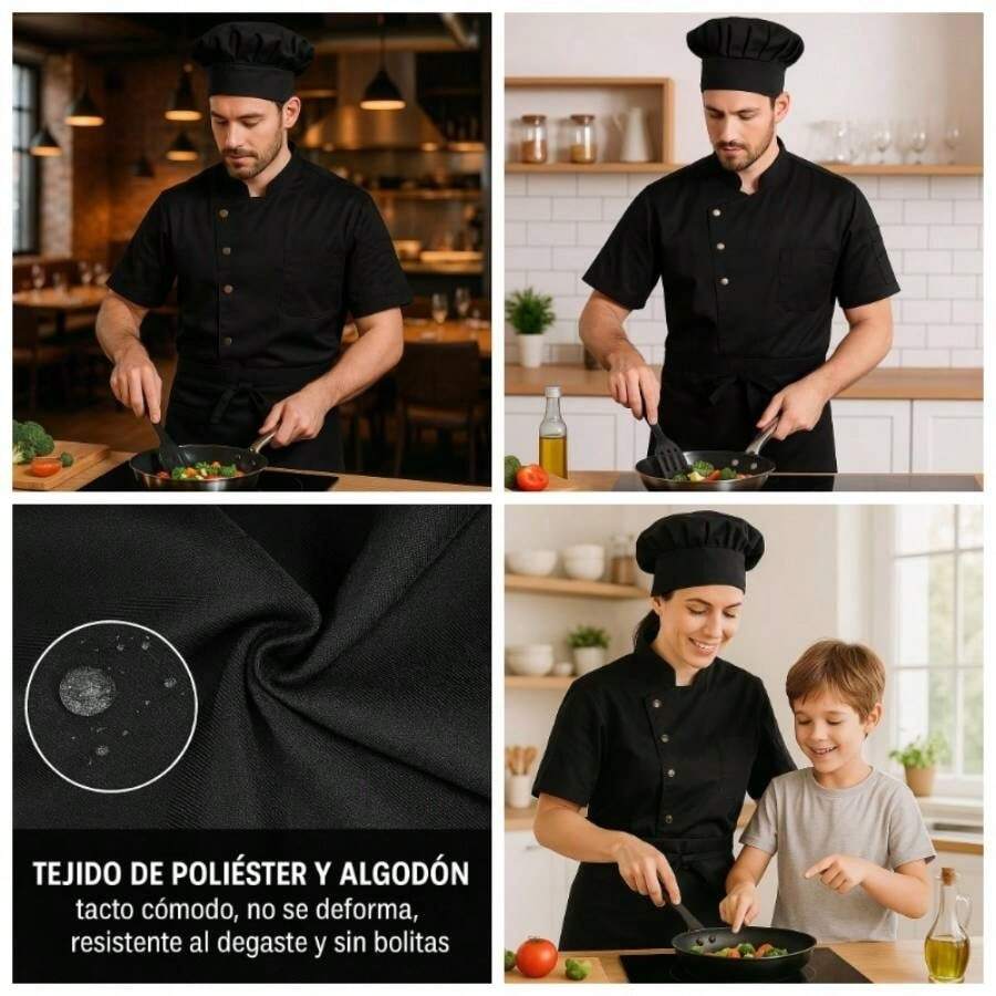 BIG Conjunto de Chef Profesional, 3 Piezas, Negro, Uniforme de Cocina con Gorro, Camisa Manga Corta y Delantal - 2X Grande + Negro - Ver 1