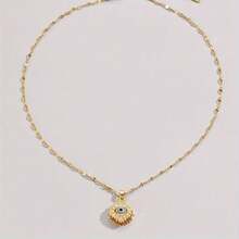 One Golden Plated Stainless Steel Lip Chain With Golden Plated-Plated Cubic Synthetic Zirconia Round Rotatable Blue Eye Inlay Vintage Design Fashionable Minimalist Men's Women's Couple Streetwear Everyday Party Christmas Halloween Versatile Necklace Pendant - 金色 - 查看 7