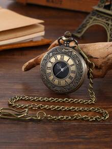 Đồng hồ bỏ túi nam cổ điển mặt đen kèm dây đeo, mặt số La Mã kiểu retro, quà tặng cho nam giới. - Đồng - Xem 4