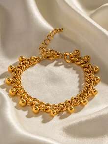 VJS 1 pieza Pulsera delicada de acero inoxidable hipoalergénico con cadena de eslabones y cuentas, diseño exclusivo, adecuado para uso diario, citas, regalo o uso personal - Amarillo - Ver 3