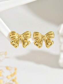 1 Pair Minimalist Sweet Fairy Style Bowknot Earrings – Delicate Stainless Steel Studs For Women, Perfect For Daily Wear, Music Festivals, Holidays, And Gift Giving - Vàng vàng - Xem 3
