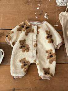 INS Baby Toddler Sherpa Bear Print Long Sleeve Thick Warm Jumpsuit, Autumn/Winter - Camel - View 8