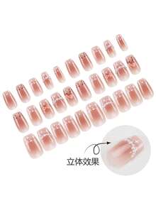 30片方形/立体蝴蝶结珍珠法式可拆卸假指甲/完美贴合亚克力假指甲套装，包含1瓶果冻胶和1把指甲锉，适合女性秋冬季日常工作、学习和聚会佩戴。这款美甲产品也适用于聚会、节日和日常使用。 - 彩色 - 查看 4