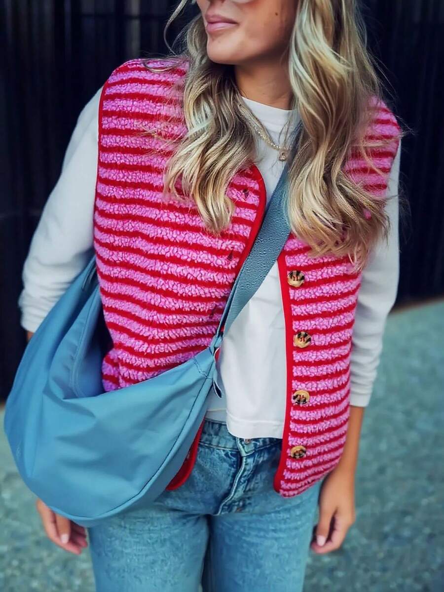 1pc Striped Casual, Holiday, Date Night Fuzzy Vest Jacket, Suitable For Autumn/Winter, Christmas, New Year, Valentine's Day - Hot Pink - View 1