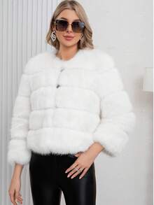 Elegant Women's Faux Fur Coat White Color Regular Sleeve Round Neck Wrist Length Contrast Faux Fur Design Warm Lined For Winter Christmas And New Year - White - View 6