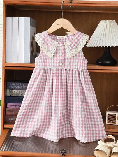 Summer Sweet & Cute Plaid Print Woven Fabric Lace Collar Camisole Dress For Girls
