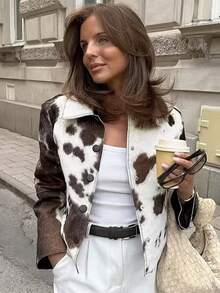 MUMRAP 女式休闲牛纹翻领短款夹克 秋季 Y2K 长袖外套