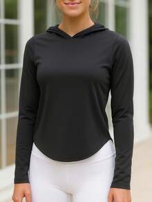 Women's Hooded T-Shirt, Breathable & Comfortable, Suitable For Gym, Running, Yoga, Training, Travel And Daily Wear, Multi-Scenario Sporty Style To Showcase Healthy Vitality And Confidence - Black - View 1