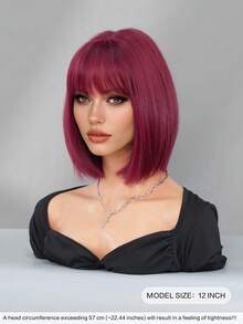 NICKY WALL Tóc giả ngắn thẳng 12 inch thanh lịch dành cho nữ, kiểu tóc bob màu đỏ tía có mái, chất liệu sợi tổng hợp dày dặn, mềm mại, chịu nhiệt, thích hợp sử dụng hàng ngày và dự tiệc. - Màu Đỏ Sâu - Xem 4