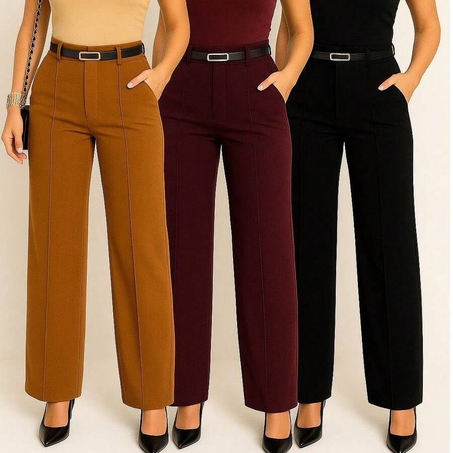 Kit 3 Women's Tailored Trousers With Belt - Black / Caramel / Wine - View 1