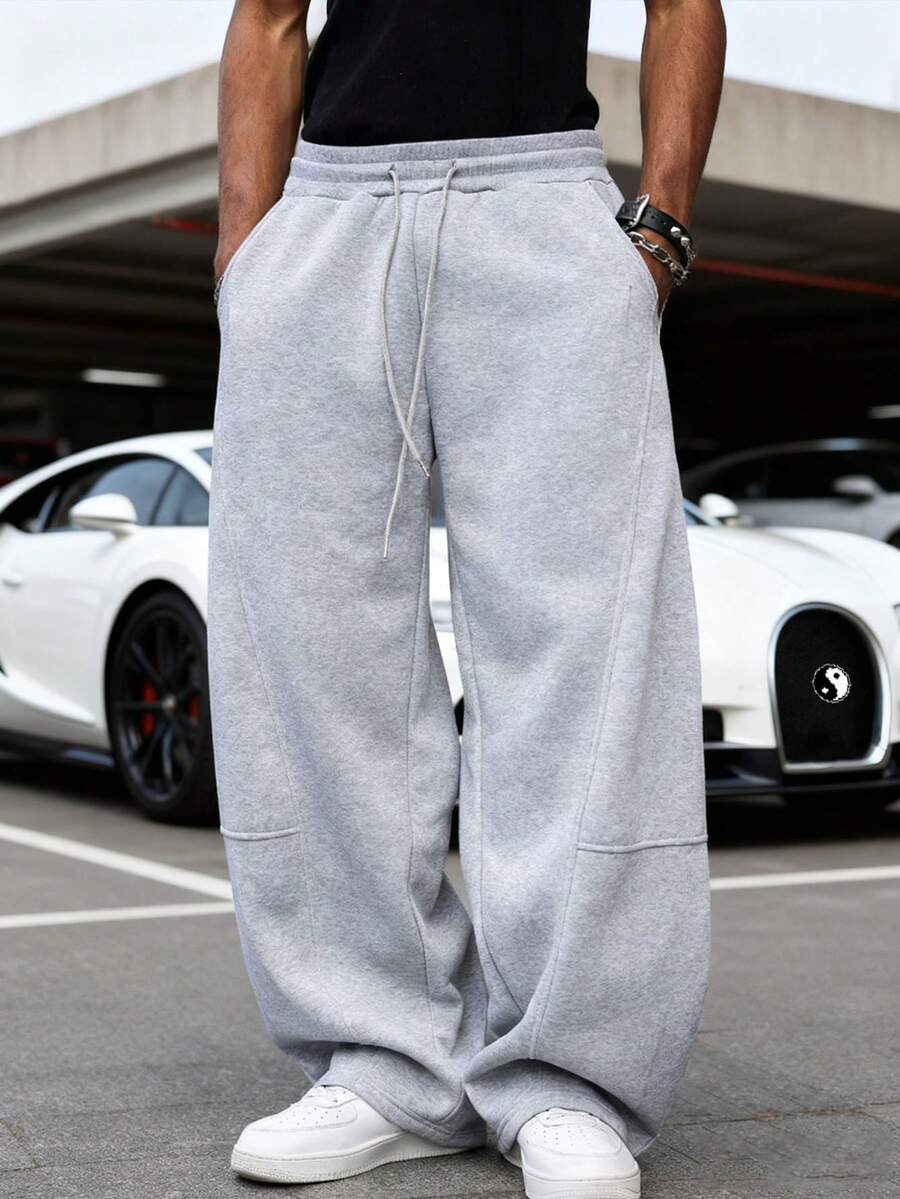 Men's Casual Pants, Loose Wide-Leg Outdoor Sports Trousers, With Basic Elastic Waistband And Pockets Design. Ideal For Fitness, Outdoor Hiking And Back To School. - Light Grey - View 1