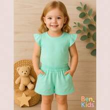 Conjunto Infantil Menina Algodão Manga Blusinha Manga Babado Short Elástico Bolso Conforto Verão Ben Kids Dia a Dia - Lilás - Visão 3