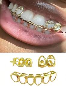 1 Set Fashion Women's Hip Hop Rhinestone Hollow Heart & Hollow 6-Tooth Grill Teeth Grillz, Carnival Party Accessory, Christmas Couples Gift Unisex - Multicolor - View 17