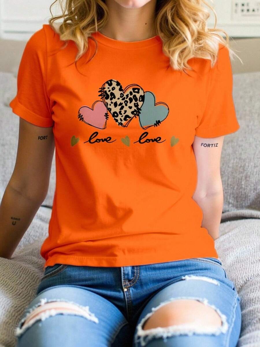 Playera básica mujer dama cuello redondo manga corta estampado GRAFICO DE CORAZONES LOVE ANIMAL PRINT HEARTS GRAPHIC Womens | Estilo Casual Moderno | Textura Suave Fortiz - Naranja - Ver 1
