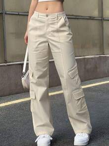 GILIPUR Cargo Women Pants Stretch Multi-Pocket Casual Y2K Style Baggy Pants Streetwear 2000s Fall Vintage Style Going Out Christmas And Thanksgiving For New Year - Apricot - View 8