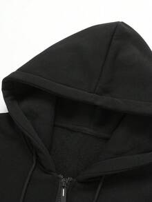 秋冬季连帽半开衫卫衣时尚字母印花毛绒保暖外套大口袋休闲运动服开衫衣服 - 黑色 - 查看 3