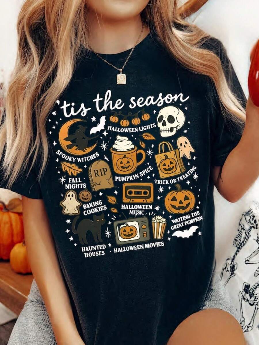 Vintage Halloween Shirt, Tis' The Season, Retro Halloween Aesthetic, Women's Hallowe - 黑色 - 查看 1