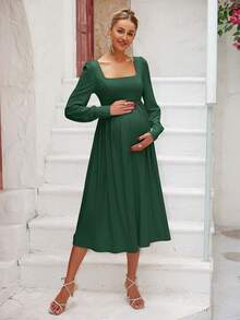 Joyfunear Maternity Fashion Square Neck Long Sleeve Waist Cinched A-Line Dress
