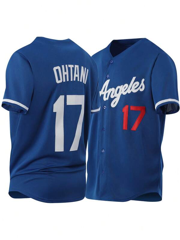 Camiseta de béisbol bordada para hombre, azul, de manga corta, cuello en V y abotonada, informal, para fiesta y deportes