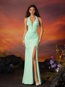 VIPGIRL Váy phù dâu màu xanh bạc hà cổ yếm xẻ tà thanh lịch - Màu xanh Bạc hà - Xem 1