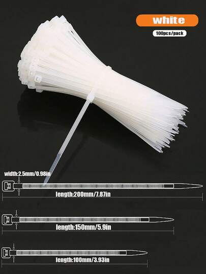 100 条黑色/白色、彩色电缆扎带、高强度优质塑料扎带、自锁式白色尼龙扎带，适合室内和室外使用