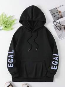 Plus Size Women's College German Text "Ich Hab Das Schon Verstanden. Ist Mir Nur EGAL" And Text "EGAL"Pattern Sweatshirt Hooded Long Sleeves Casual Spring/Summer/Fall Women's Plus-Size Long-Sleeved Sweatshirt Christmas Going Out Tops Women, Vacation Women - Black - View 7