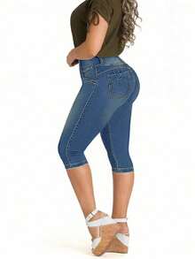 Jeans de talle medio con estiramiento, cierre de botones, lavado clásico, pantalones 7/8 de ajuste ceñido - Azul Marino - Ver 3