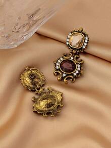 1 Pair Retro Geometric Oval Rhinestone Stud Earrings, Vintage Earrings, Suitable For Gifts, Holiday Gifts - 彩色 - 查看 4