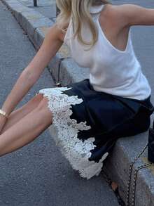 Lace Satin Maxi Skirts For Women Casual Elegant Fall A Line Elastic Waist High Rise Silk Midi Skirt With Lace Patchwork Y2k Aesthetic Going Out Skirt Party Club Streetwear - 黑色 - 查看 8