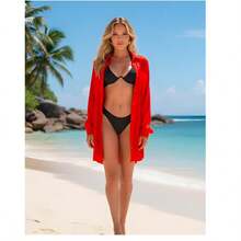 Beach Cover-Up Long Sleeve With Pocket Button Closure Beachwear Chemise Casual Sexy Boho Vacation Beachwear Beach Holiday Vacation Bachelorette Party Travel Spring-Summer - 紅色 - 查看 3