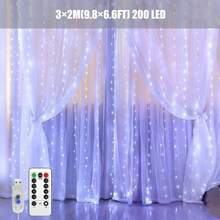 1 pieza Luces de cortina LED de 100/200/300, Luces de hadas colgantes USB, Control remoto, 8 modos de iluminación, con ganchos, adecuado para boda, cumpleaños de niños, Navidad, fiesta, fondo de dormitorio, guardería, decoración del hogar y vacaciones en interiores, disponible en blanco, blanco cálido y multicolor