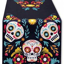 Chemin de table en lin pour le Jour des Morts mexicain, chemin de table avec crâne de sucre pour le Jour des Morts au Mexique, pour la décoration de table à la maison et les fêtes