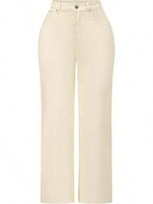 THUNDER Womens High Waisted Wide Leg Jeans Stretchy Distressed Pants - Beige White - View 12
