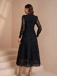 Elegant Stand Collar Long Sleeve Women's Chic Slim Fit Dress, Sophisticated Style