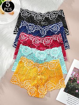 5 PIEZAS - ¡Dosis de dopamina! Bragas de encaje sexy para mujer, bragas de mujer de cintura baja con encaje hueco puro, patrones de encaje con un toque retro y sensual, la tela se siente fresca y amigable con la piel, llena de energía vibrante cuando se usa ~ Un imprescindible para chicas dulces.