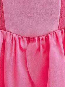 少女泡泡袖蕾丝刺绣网纱缎面长款优雅舞会礼服，适合舞会、生日派对等场合，不含头饰 - 玫紅色 - 查看 7