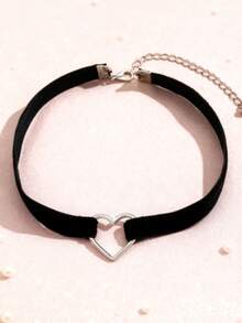 1pc Elegant Heart Choker - Black Velvet & Leather Adjustable Necklace, Gothic Layered Jewelry For Women - Back To School Style Upgrade - 黑色 - 查看 8