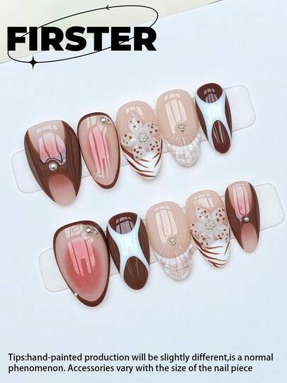 10 件杏仁手工按压指甲、短按压指甲、美甲、棕色指甲、圣诞指甲、秋季按压指甲、染色指甲、法式尖头指甲、3D 雕刻指甲、丙烯酸按压指甲、适合办公室女士、日常约会、下午茶和户外活动按压指甲