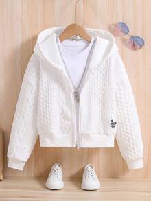 Young Girl Solid Color Letter Embroidered Zip-Up Sweatshirt - White - View 1