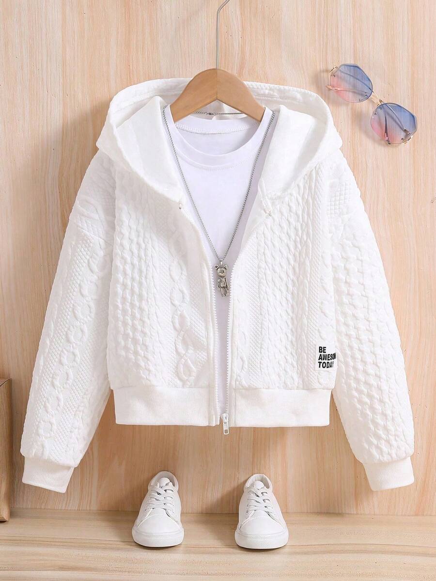 Young Girl Solid Color Letter Embroidered Zip-Up Sweatshirt - White - View 1