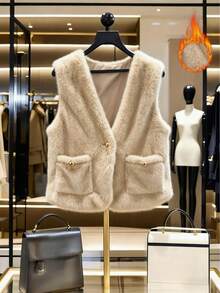 New French-Style Women's Fashionable & Elegant Sleeveless Faux Fur Vest For Autumn And Winter, With Single-Button Design, Pockets And Crew Neck