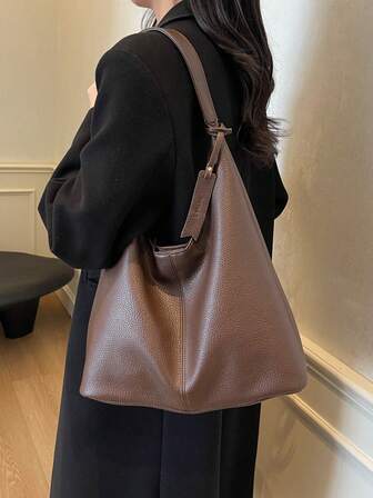 复古荔枝纹大容量休闲单肩托特包，拼接纯色大手提包女，优雅百搭通勤托特包