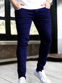 1 件男士黑色修身弹力拉链口袋牛仔裤 - 深色水洗藍 - 查看 4